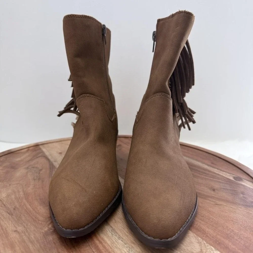 BCBG Girls Linda Fringe‎ Boots Kids 3M Tan Good Western Faux Suede Tassel Zip